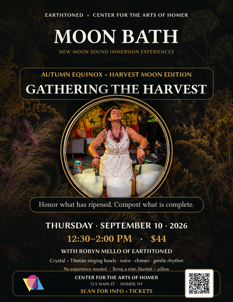 A woman plays crystal singing bowls on stage under autumnal lights, surrounded by pumpkins and flowers. The event text details a daytime sound bath gathering titled Moon Bath, honoring the New moon, on September 10 in Homer, NY.